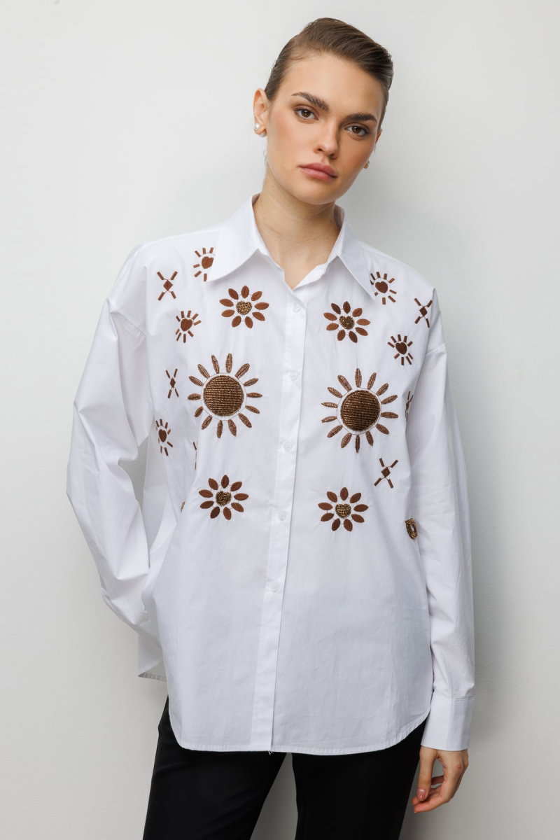 Ekol Kadın Taş İşlemeli Desenli Pamuk Gömlek 2820 Beyaz - Ekol