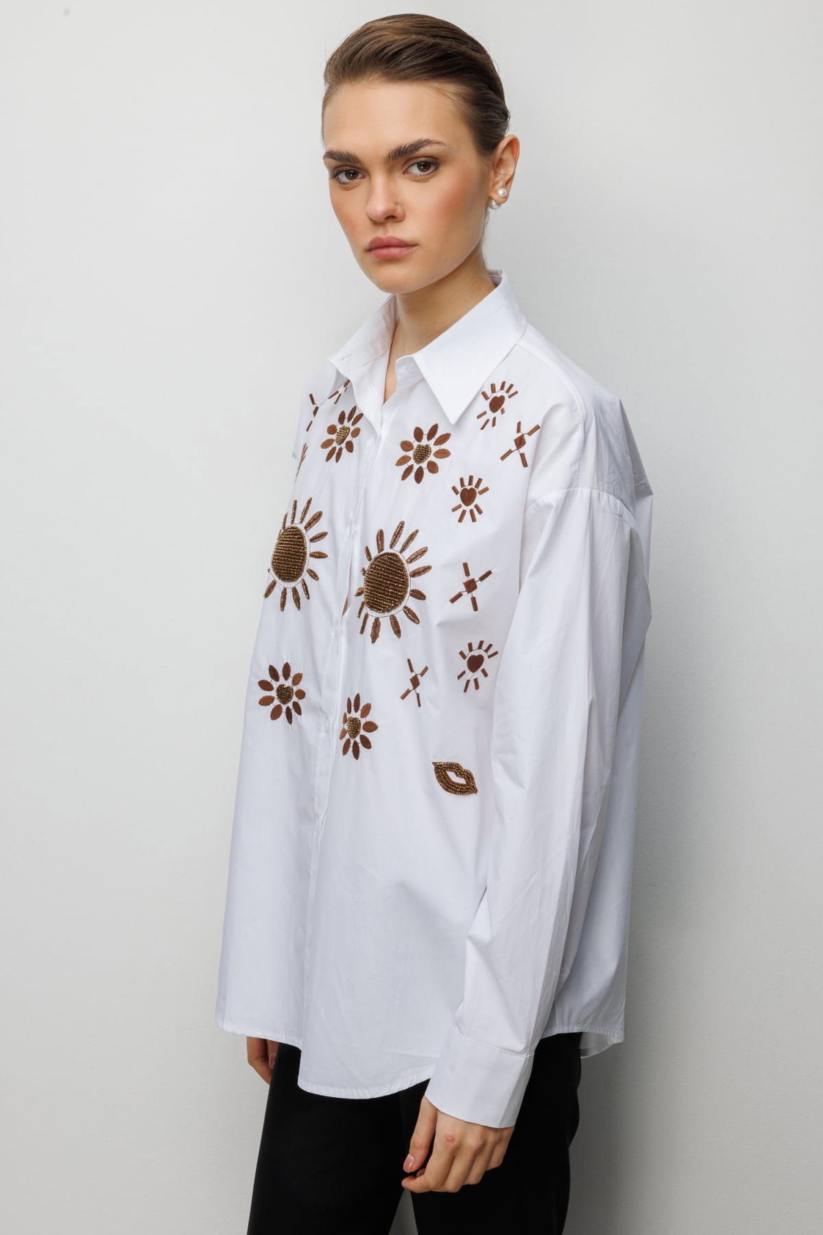 Ekol Kadın Taş İşlemeli Desenli Pamuk Gömlek 2820 Beyaz - 2