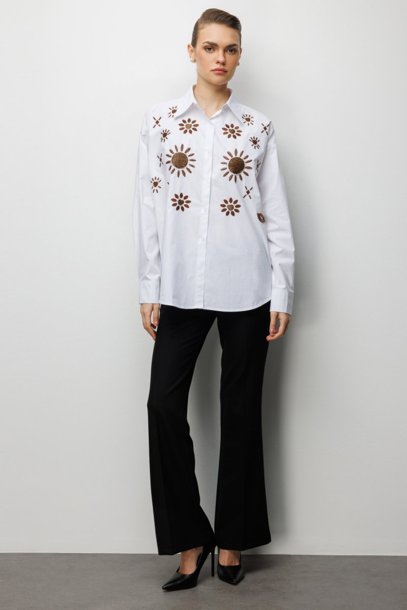 Ekol Kadın Taş İşlemeli Desenli Pamuk Gömlek 2820 Beyaz - 3