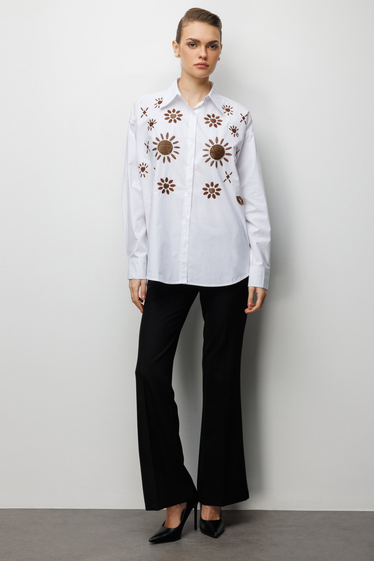 Ekol Kadın Taş İşlemeli Desenli Pamuk Gömlek 2820 Beyaz - 3