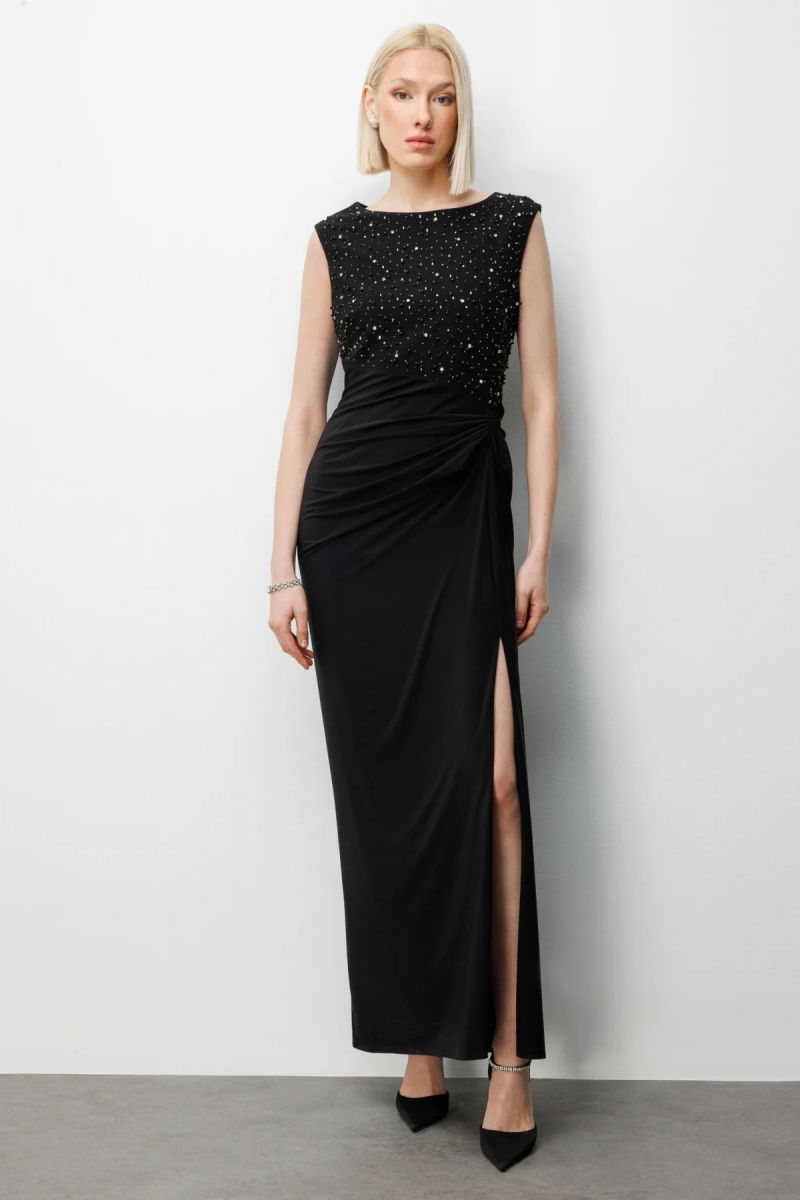 Ekol Kadın Taş İşlemeli Yırtmaç Detaylı Maxi Abiye Elbise 6100 Siyah - Ekol