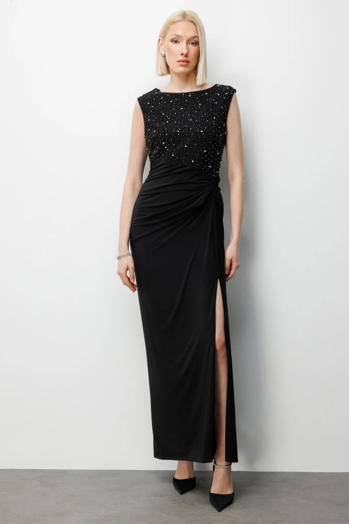 Ekol Kadın Taş İşlemeli Yırtmaç Detaylı Maxi Abiye Elbise 6100 Siyah - 1