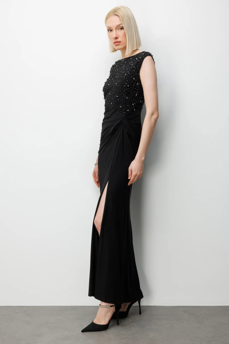 Ekol Kadın Taş İşlemeli Yırtmaç Detaylı Maxi Abiye Elbise 6100 Siyah - 2