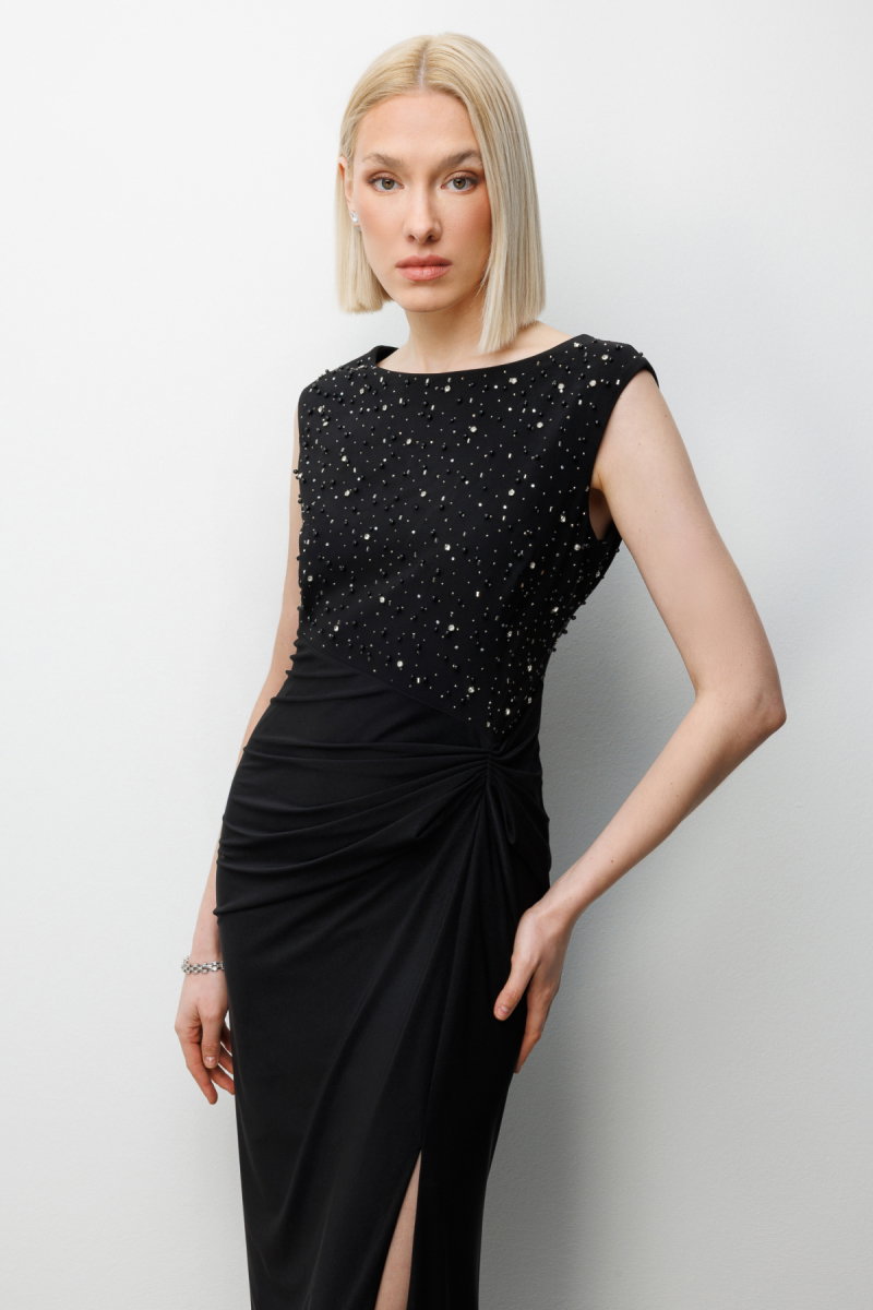 Ekol Kadın Taş İşlemeli Yırtmaç Detaylı Maxi Abiye Elbise 6100 Siyah - 3