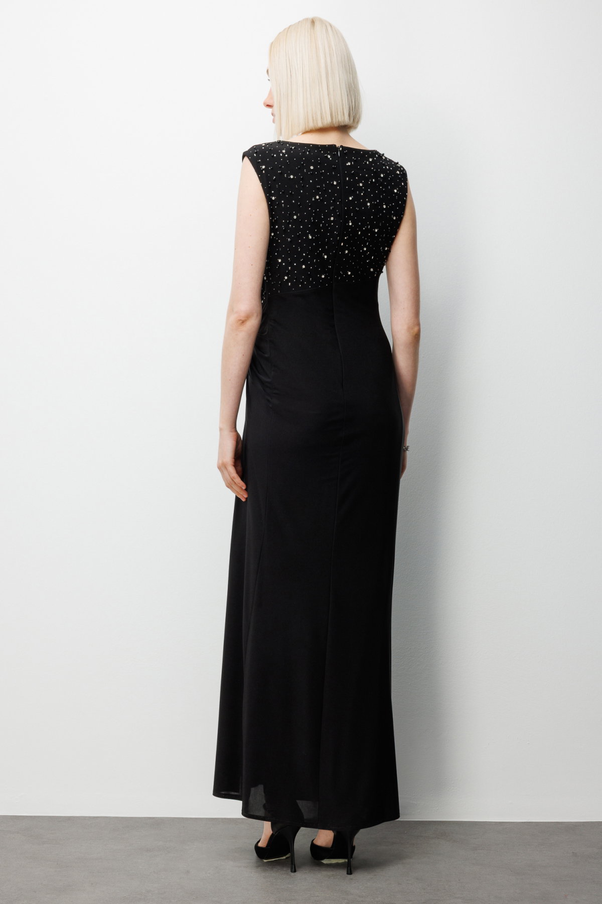 Ekol Kadın Taş İşlemeli Yırtmaç Detaylı Maxi Abiye Elbise 6100 Siyah - 4