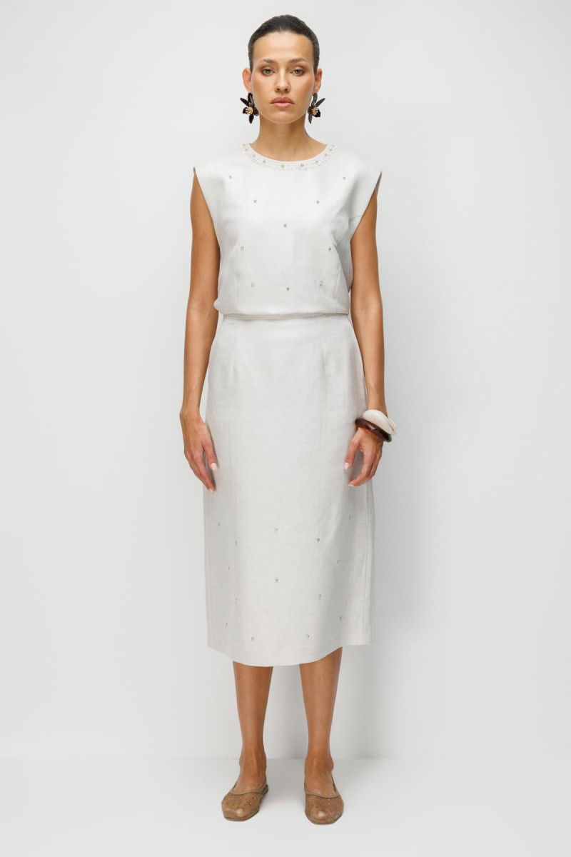 Ekol Kadın Taş İşlemeli Yırtmaçlı Midi Etek 2424 Naturel - Ekol