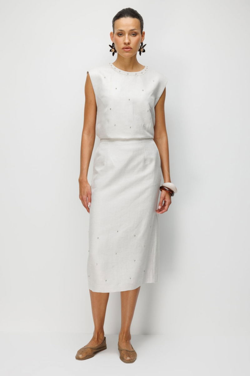 Ekol Kadın Taş İşlemeli Yırtmaçlı Midi Etek 2424 Naturel - 2