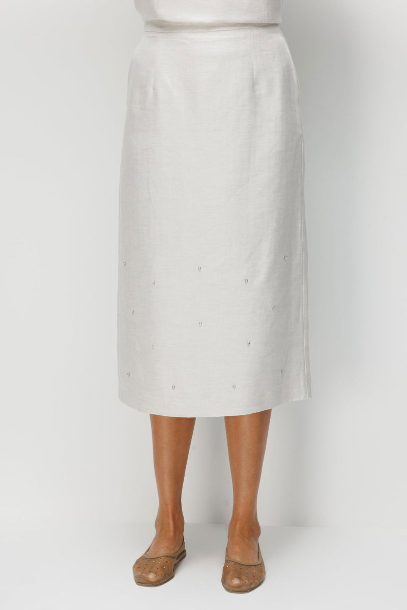 Ekol Kadın Taş İşlemeli Yırtmaçlı Midi Etek 2424 Naturel - 3