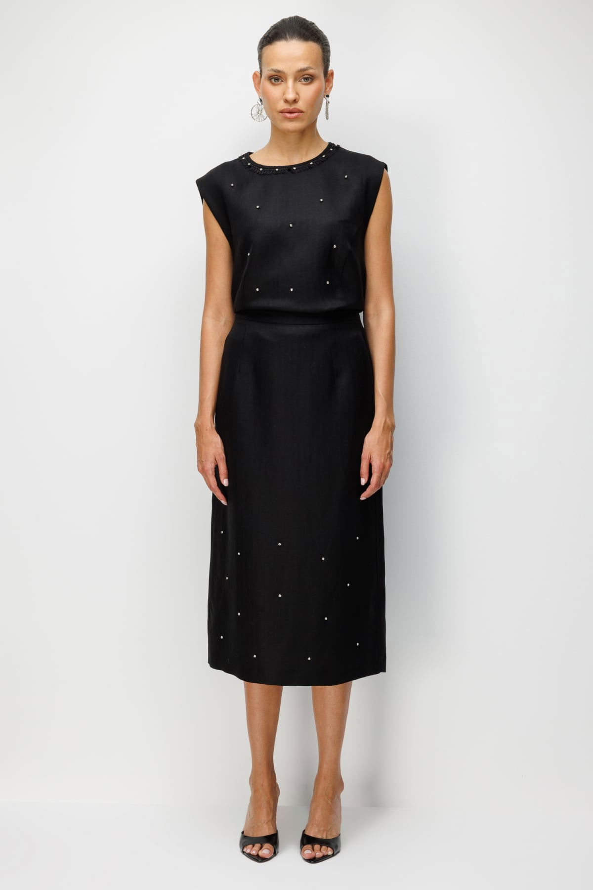 Ekol Kadın Taş İşlemeli Yırtmaçlı Midi Etek 2424 Siyah - 1