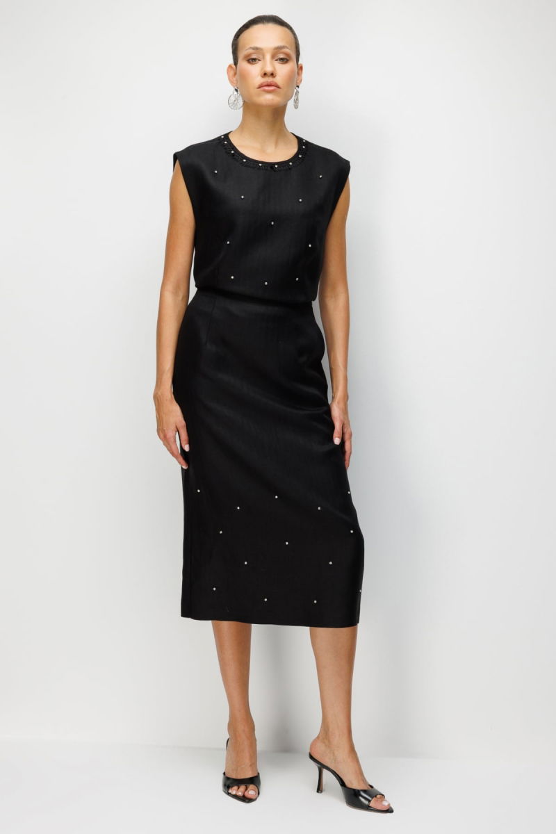 Ekol Kadın Taş İşlemeli Yırtmaçlı Midi Etek 2424 Siyah - 2