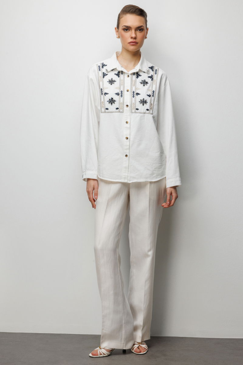 Ekol Kadın Taşlı Desen İşlemeli Pamuklu Gömlek 2914 Ekru - 3