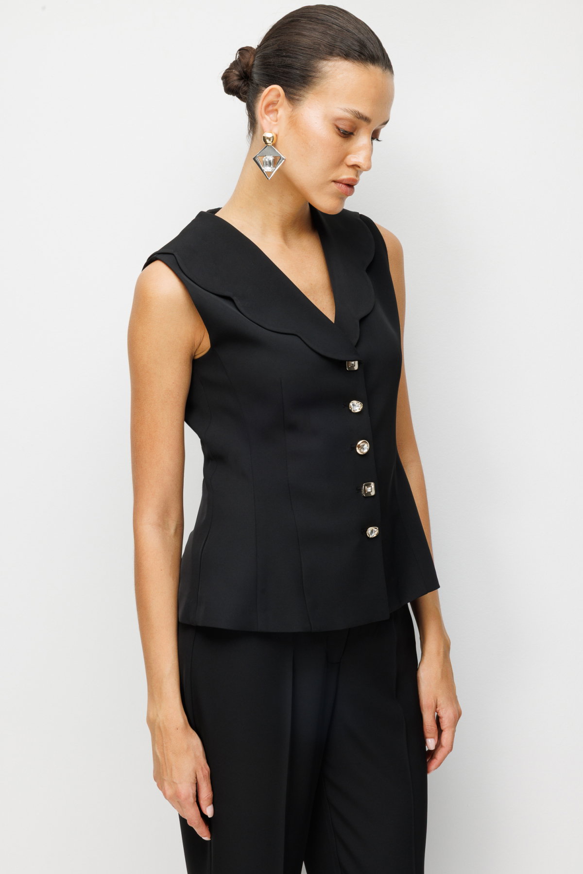 Ekol Kadın Taşlı Metal Düğmeli Dikiş Detaylı Yelek 1134 Siyah - 2
