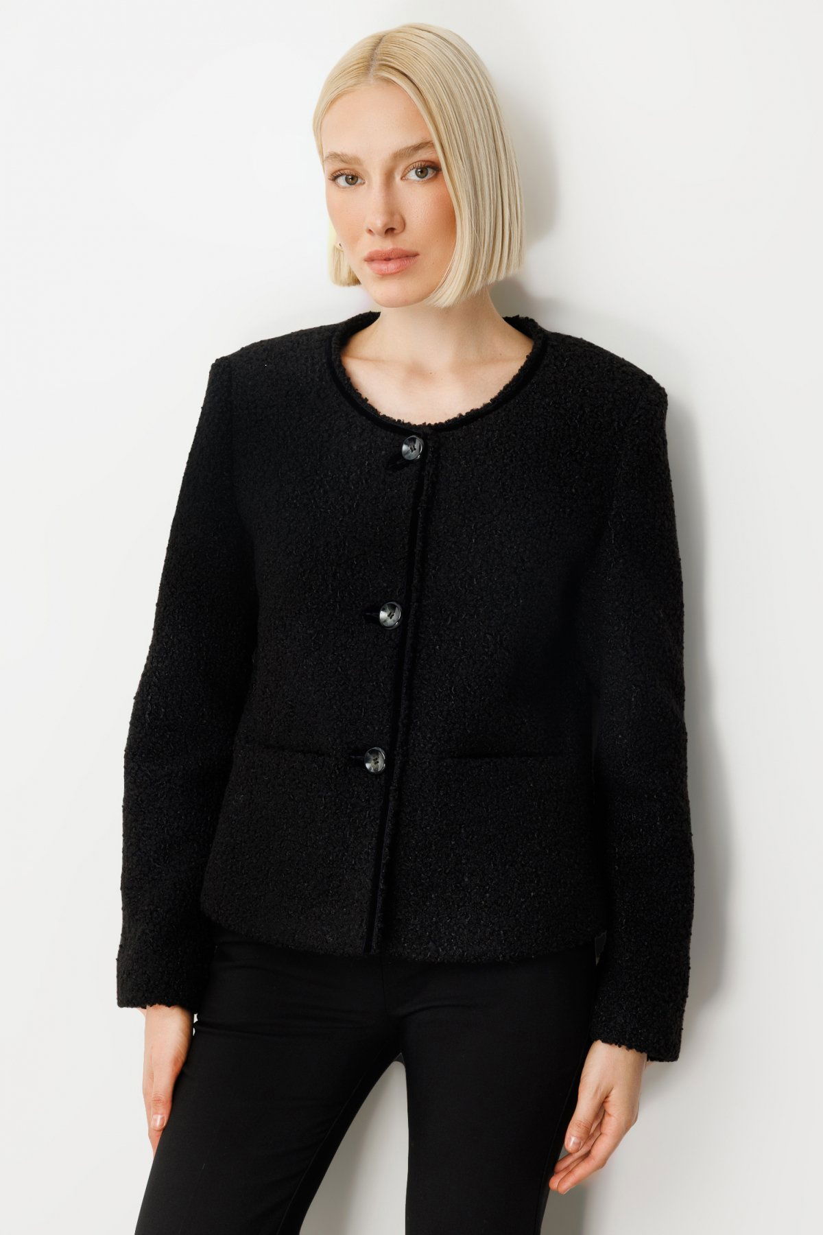 Ekol Kadın Teddy Kumaş Düğmeli Ceket 5101 Siyah - 1