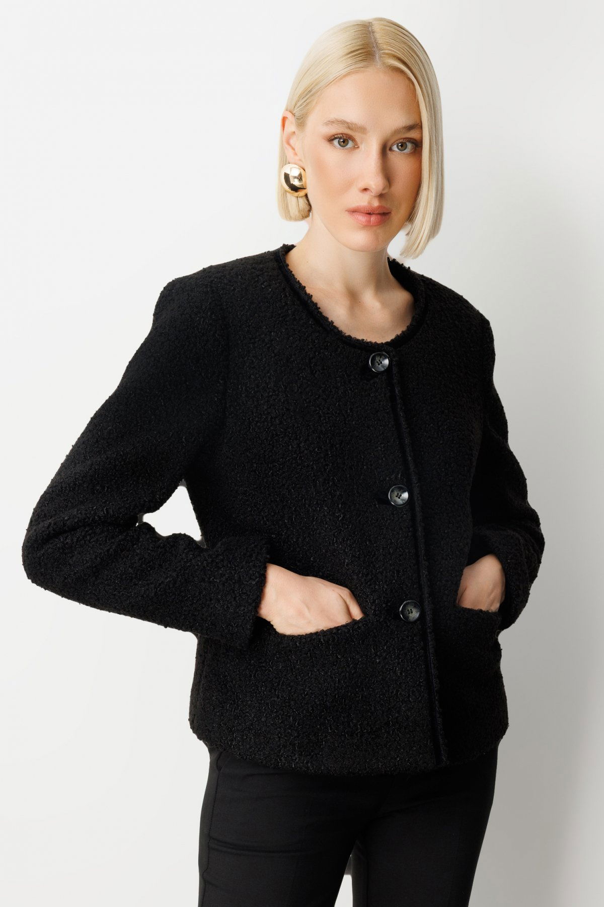 Ekol Kadın Teddy Kumaş Düğmeli Ceket 5101 Siyah - 2