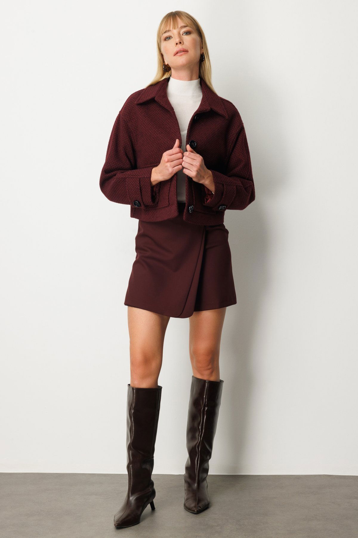 Ekol Kadın Torba Cepli Crop Mont 6013 Bordo - 3