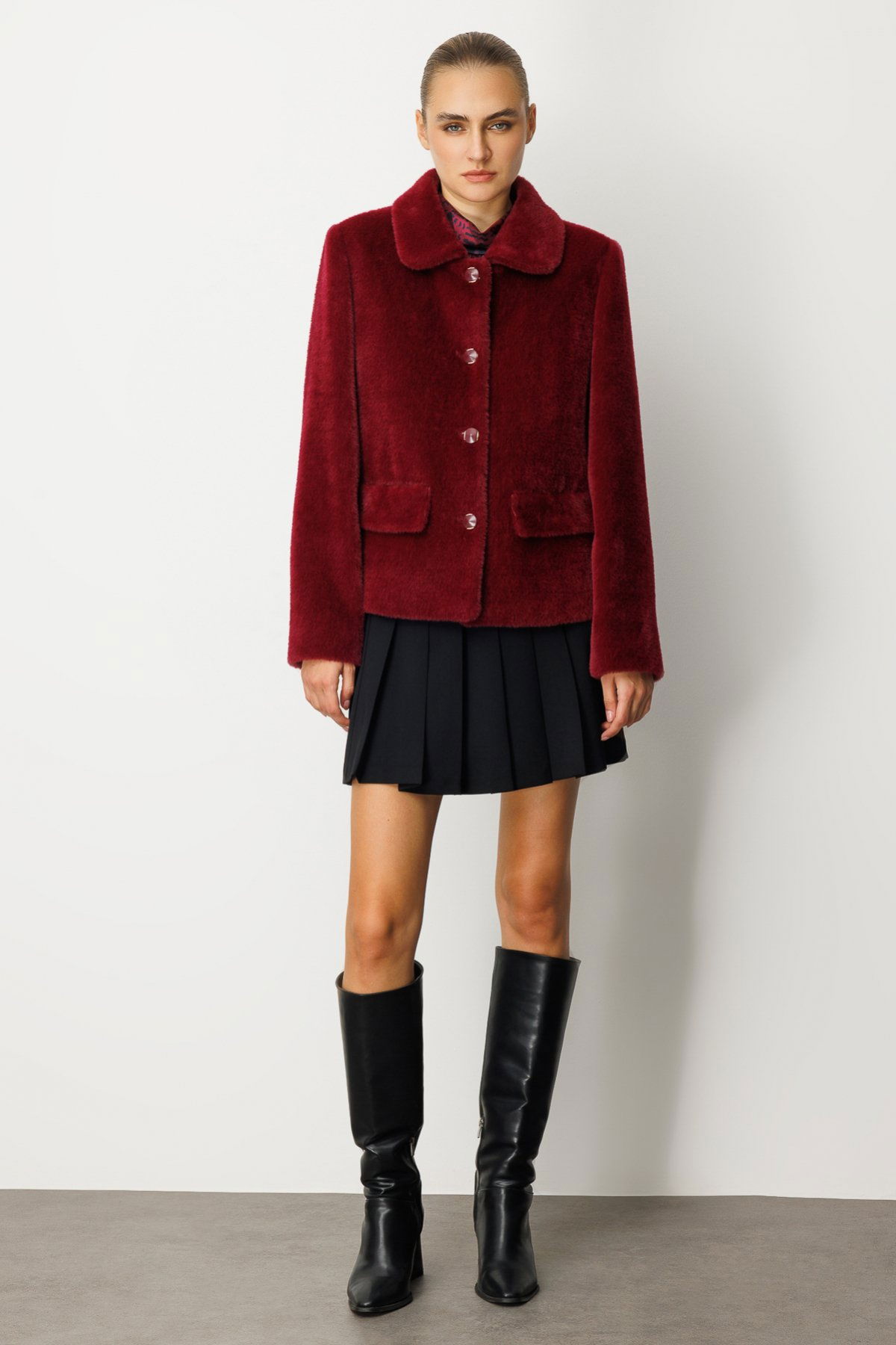 Ekol Kadın Torba Cepli Peluş Kaban 6025 Bordo - 4