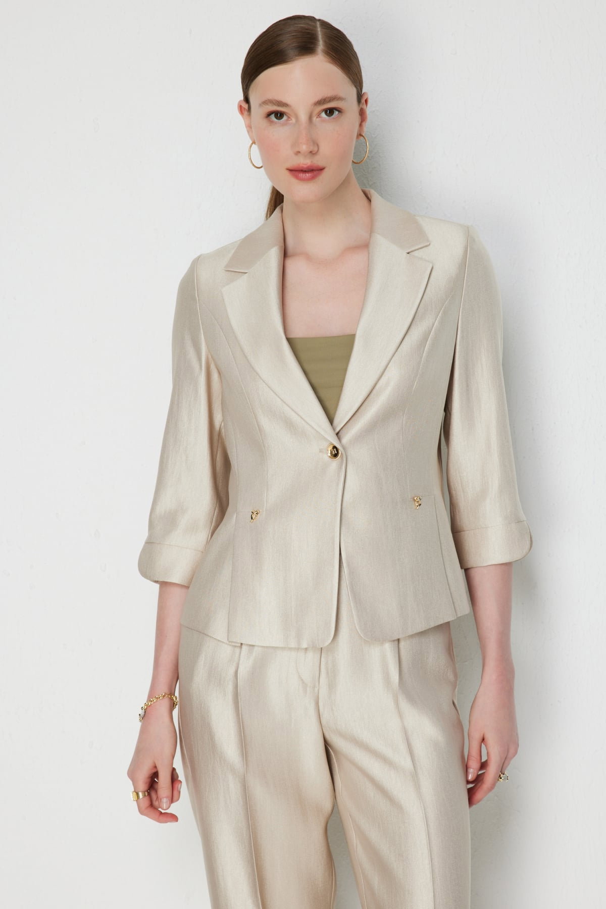 Ekol Kadın Truvakar Kol Tek Düğme Ceket 1272 Kum - 1