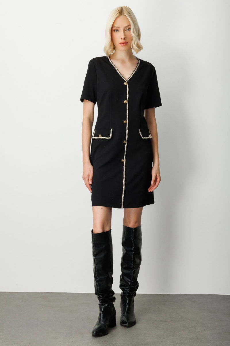 Ekol Kadın V Yaka Biyeli Midi Elbise 4021 Siyah - Ekol