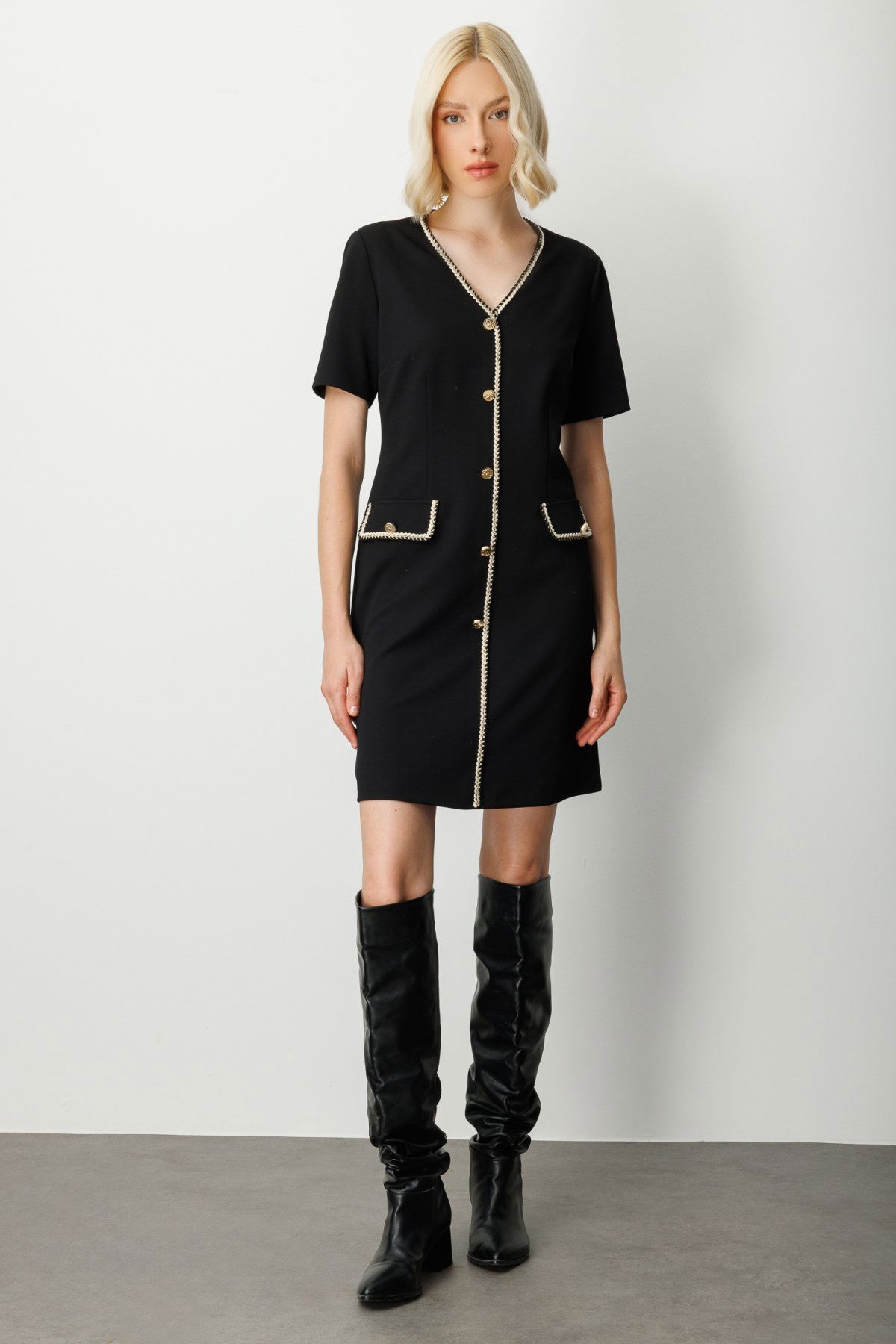 Ekol Kadın V Yaka Biyeli Midi Elbise 4021 Siyah - 1