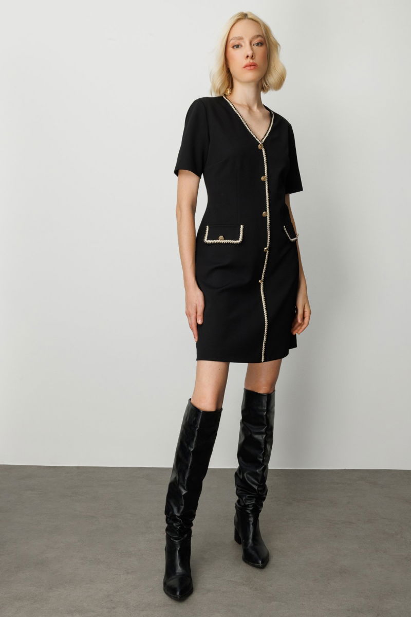 Ekol Kadın V Yaka Biyeli Midi Elbise 4021 Siyah - 2