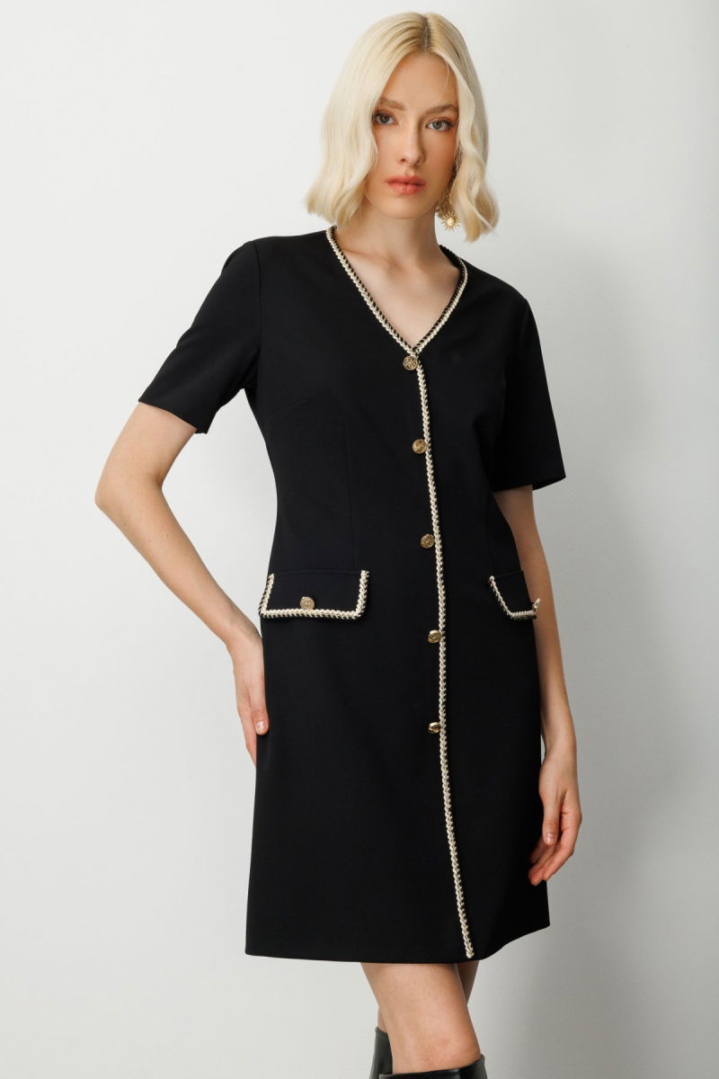 Ekol Kadın V Yaka Biyeli Midi Elbise 4021 Siyah - 3