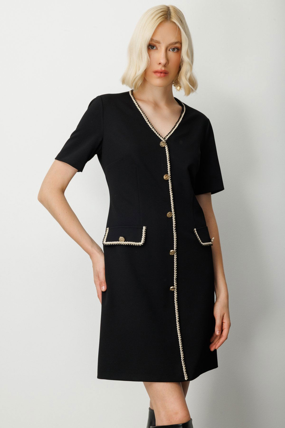 Ekol Kadın V Yaka Biyeli Midi Elbise 4021 Siyah - 3