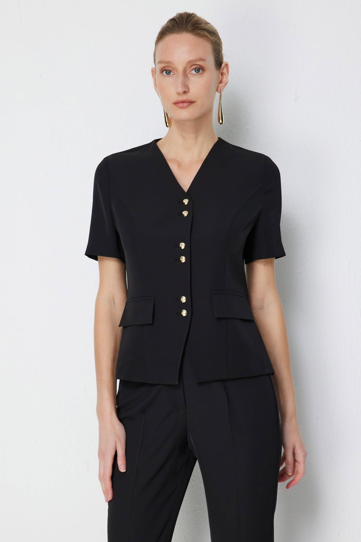 Ekol Kadın V Yaka Kısa Kollu Ceket 1128 Siyah - 1