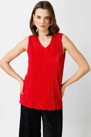 Ekol Kadın V Yaka Pilise Bluz 1082 Kırmızı 