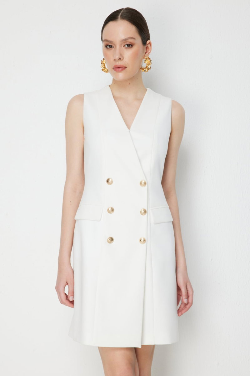 Ekol Kadın V Yaka Süs Düğmeli Midi Elbise 6110 Ekru - 3
