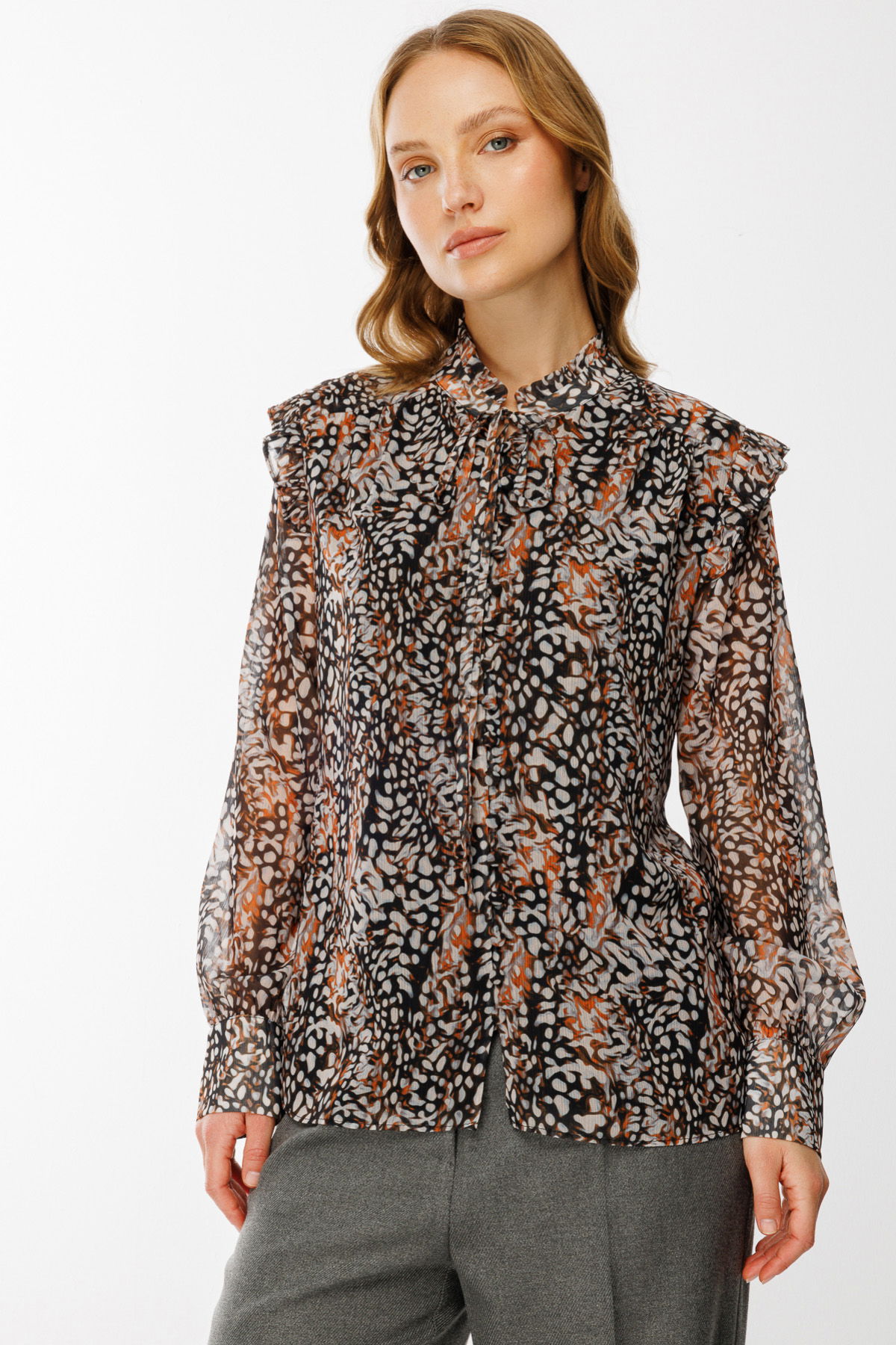 Ekol Kadın Yakası Bağcıklı Desenli Bluz 2063 Kakao - 2