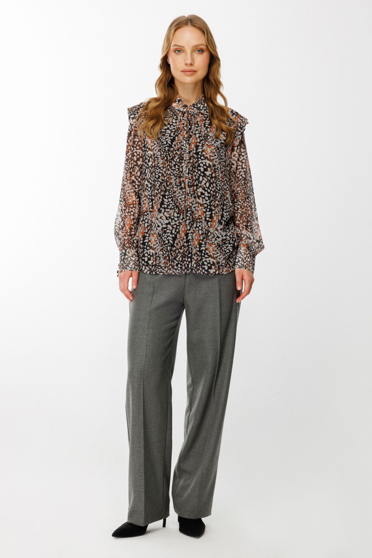 Ekol Kadın Yakası Bağcıklı Desenli Bluz 2063 Kakao - 3