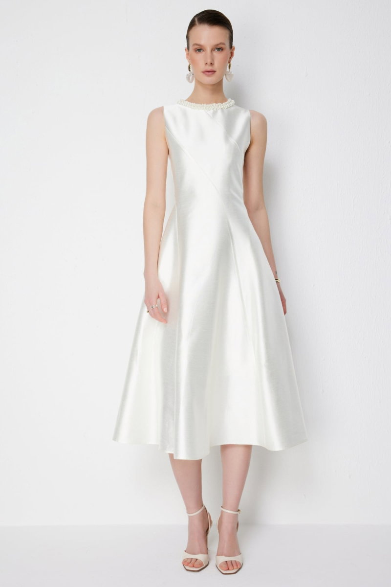 Ekol Kadın Yakası Boncuk İşlemeli Maxi Elbise 6928 Ekru - Ekol