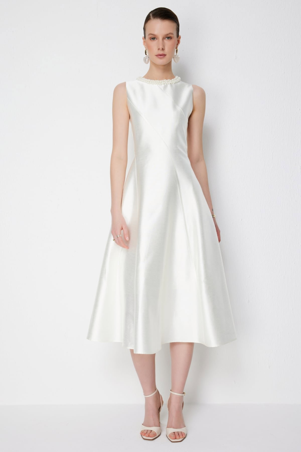 Ekol Kadın Yakası Boncuk İşlemeli Maxi Elbise 6928 Ekru - 1