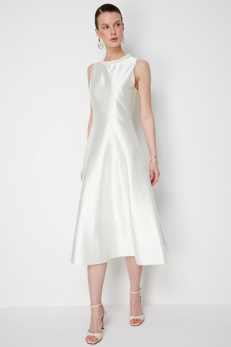 Ekol Kadın Yakası Boncuk İşlemeli Maxi Elbise 6928 Ekru - 2