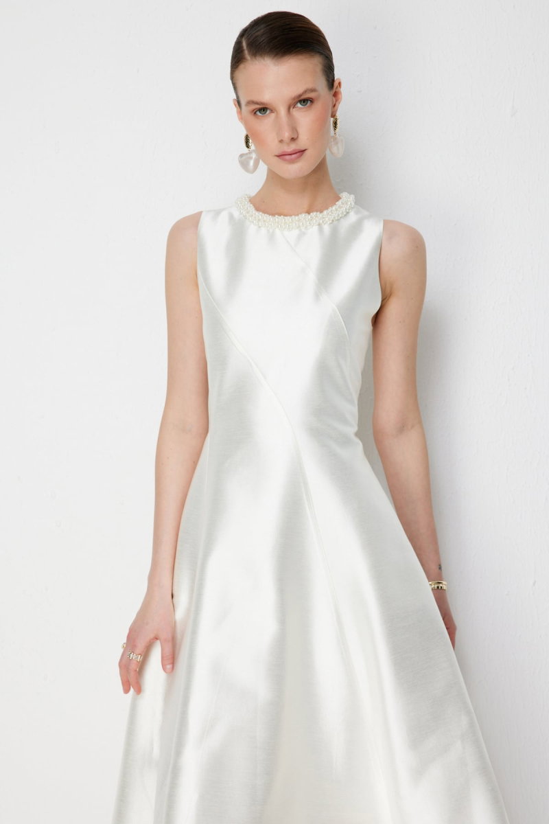 Ekol Kadın Yakası Boncuk İşlemeli Maxi Elbise 6928 Ekru - 3