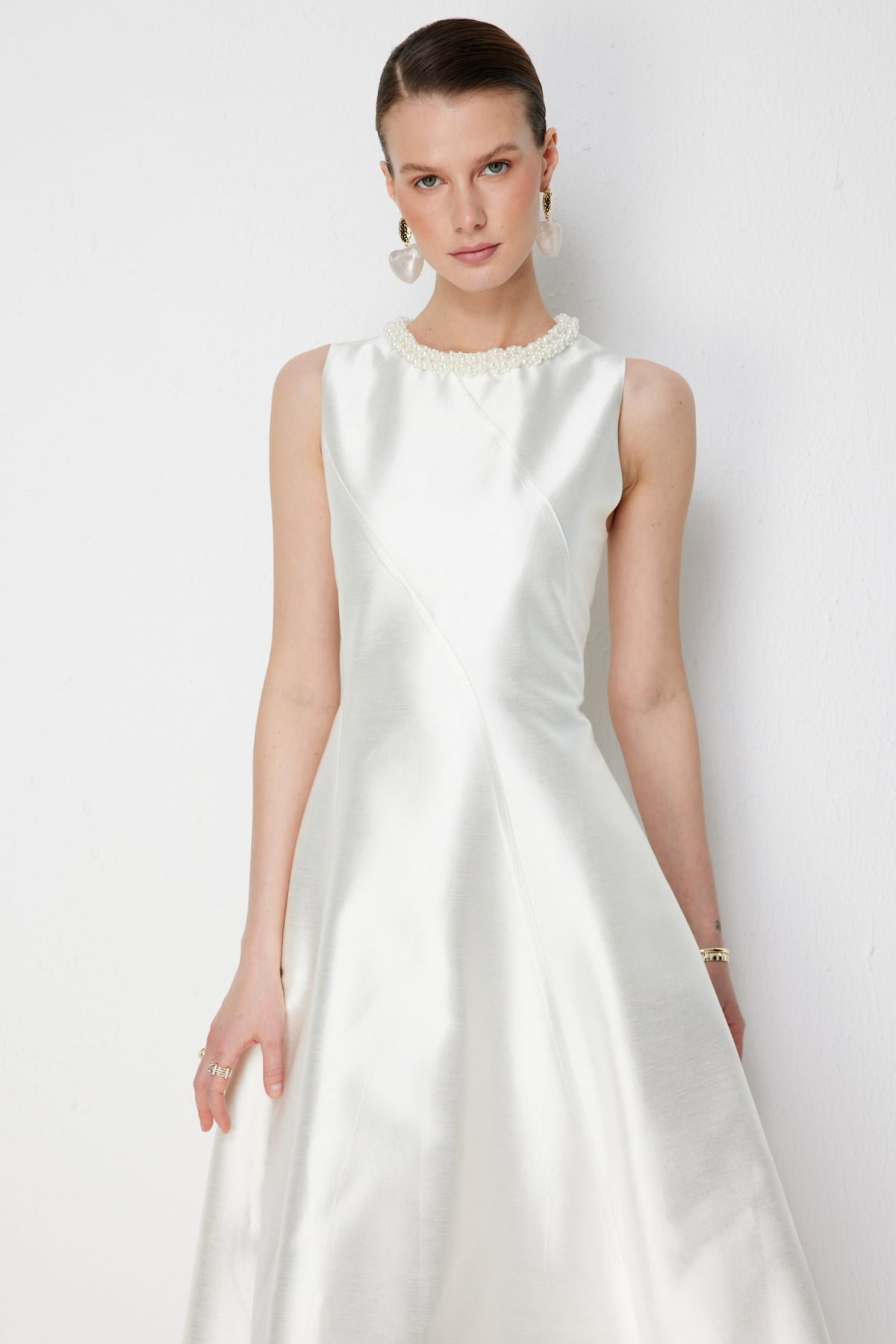 Ekol Kadın Yakası Boncuk İşlemeli Maxi Elbise 6928 Ekru - 3