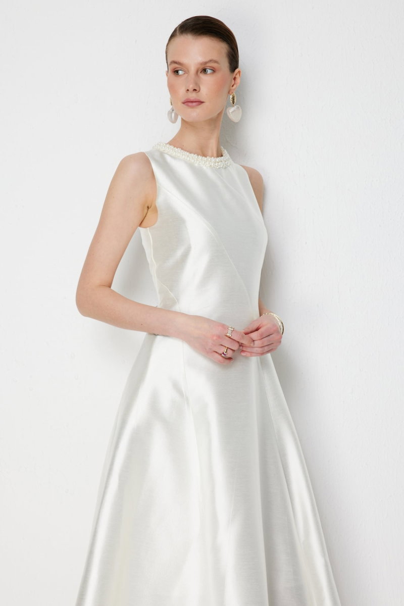 Ekol Kadın Yakası Boncuk İşlemeli Maxi Elbise 6928 Ekru - 4