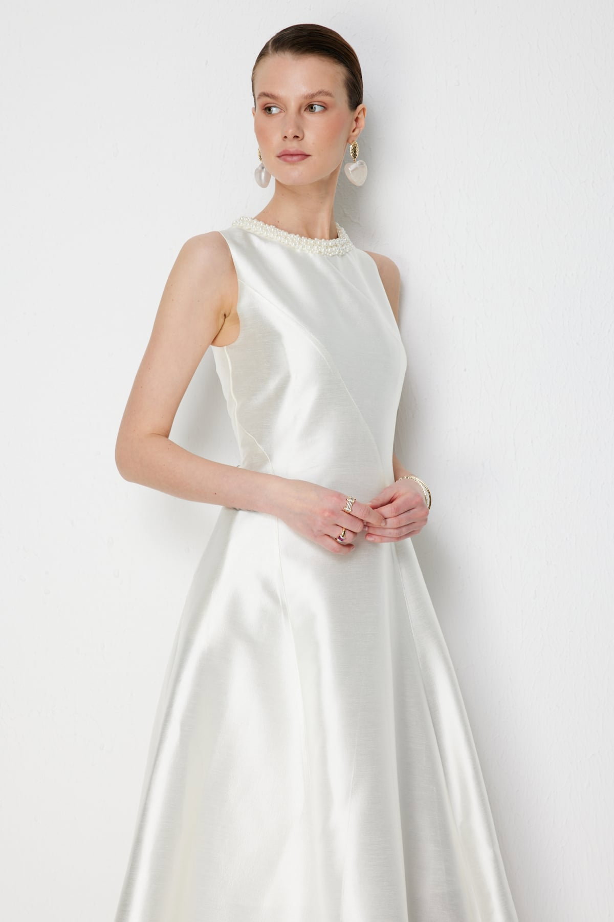 Ekol Kadın Yakası Boncuk İşlemeli Maxi Elbise 6928 Ekru - 4