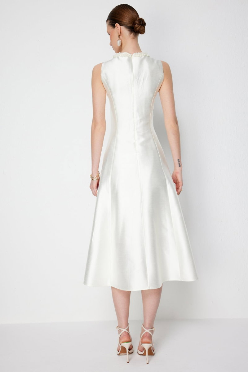 Ekol Kadın Yakası Boncuk İşlemeli Maxi Elbise 6928 Ekru - 5