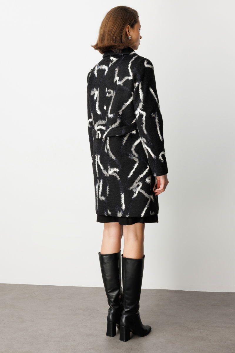 Ekol Kadın Yakası Broşlu Desenli Kaban 6007 Siyah - 4