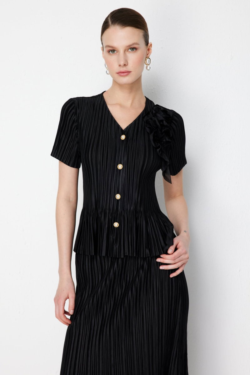 Ekol Kadın Yakası Çiçekli V Yaka Bluz 2882 Siyah - Ekol