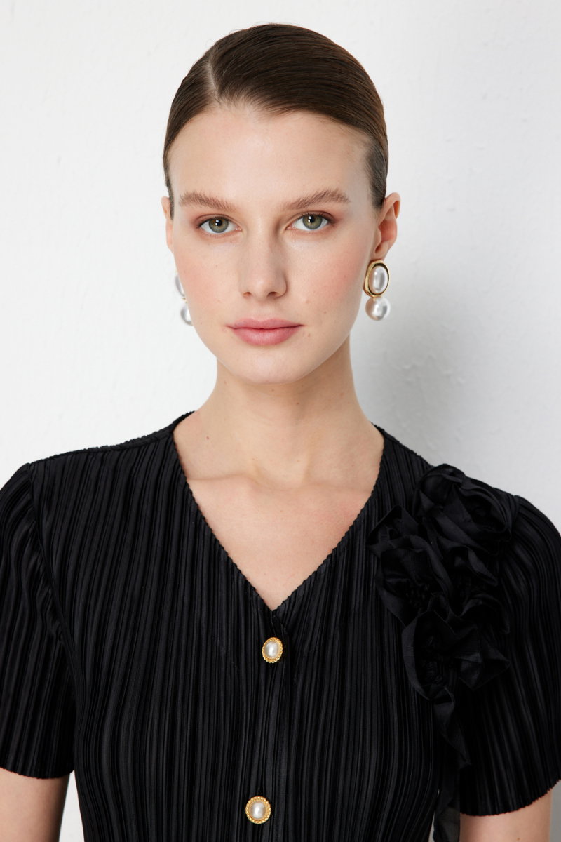 Ekol Kadın Yakası Çiçekli V Yaka Bluz 2882 Siyah - 2