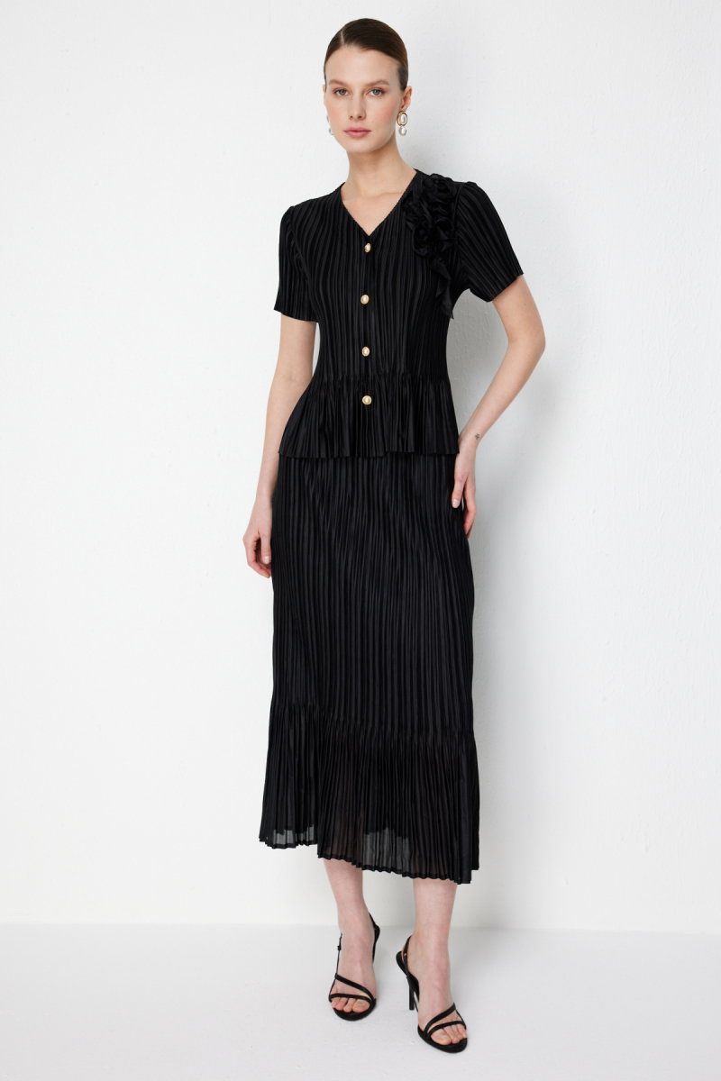 Ekol Kadın Yakası Çiçekli V Yaka Bluz 2882 Siyah - 3