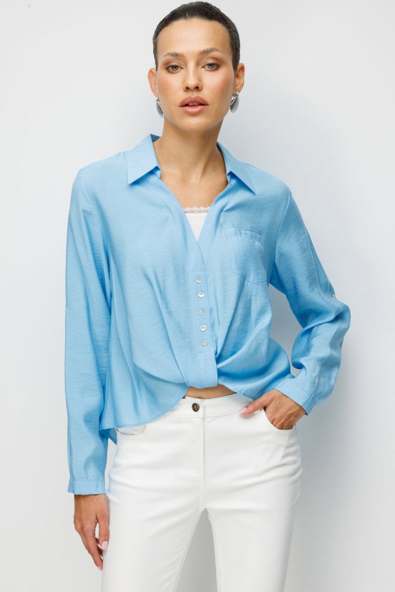 Ekol Kadın Yakası Dantel Detaylı Büzgülü Bluz 2084 Mavi 