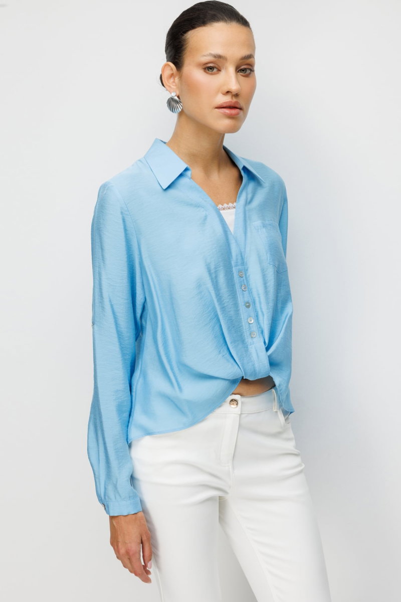 Ekol Kadın Yakası Dantel Detaylı Büzgülü Bluz 2084 Mavi - 2