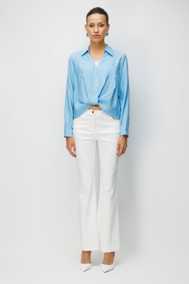 Ekol Kadın Yakası Dantel Detaylı Büzgülü Bluz 2084 Mavi - 4