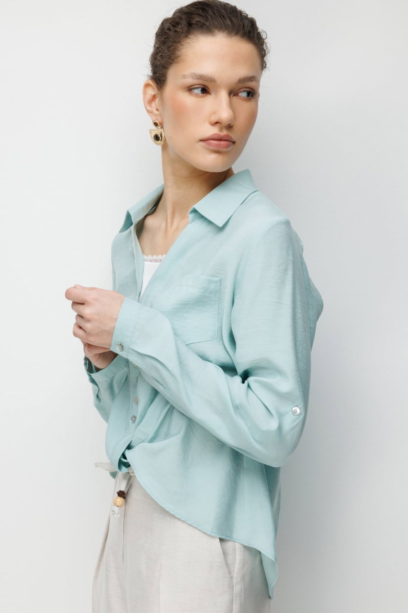 Ekol Kadın Yakası Dantel Detaylı Büzgülü Bluz 2084 Mint - 2