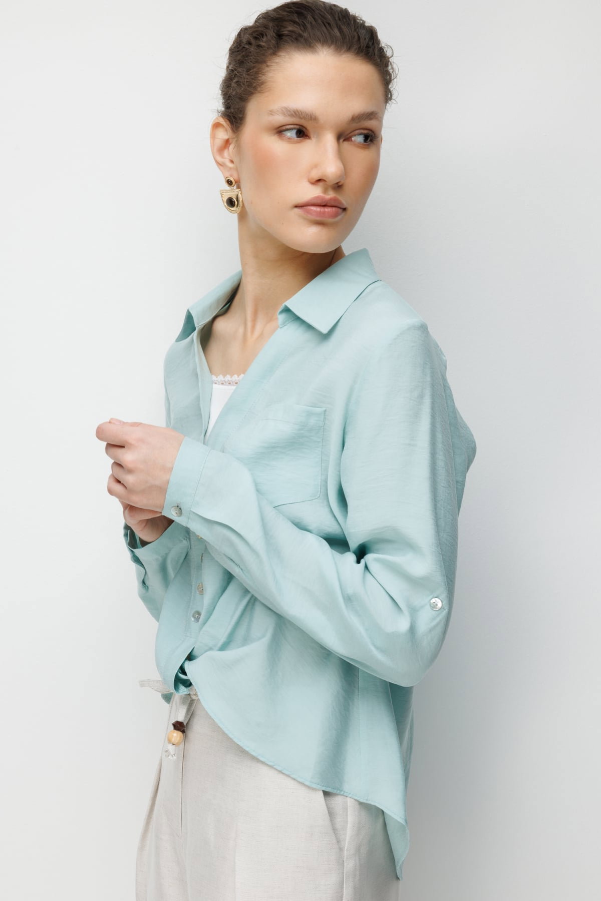 Ekol Kadın Yakası Dantel Detaylı Büzgülü Bluz 2084 Mint - 2