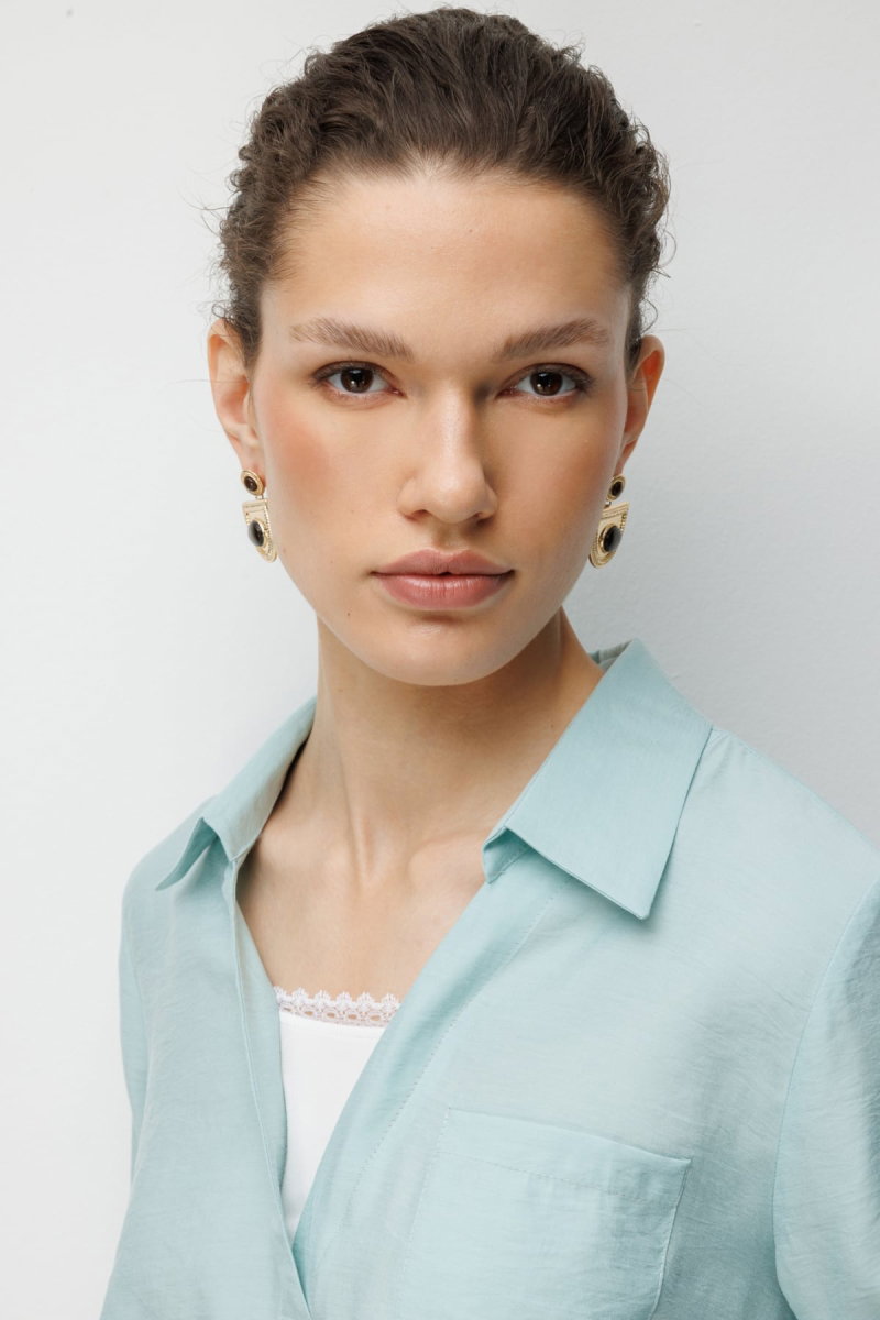 Ekol Kadın Yakası Dantel Detaylı Büzgülü Bluz 2084 Mint - 3