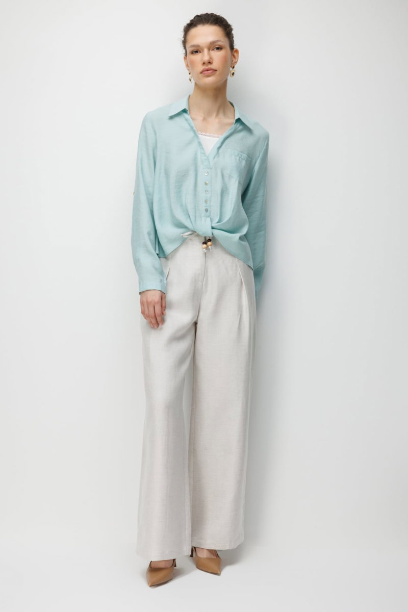 Ekol Kadın Yakası Dantel Detaylı Büzgülü Bluz 2084 Mint - 4